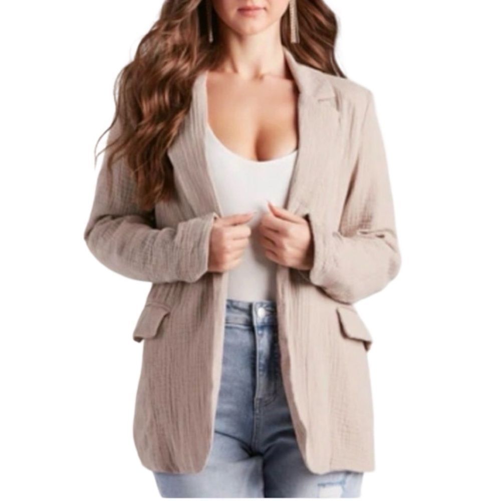 STOOSH Double Gauze Open Front Blazer Fully Lined Size XL Natural Taupe Tan